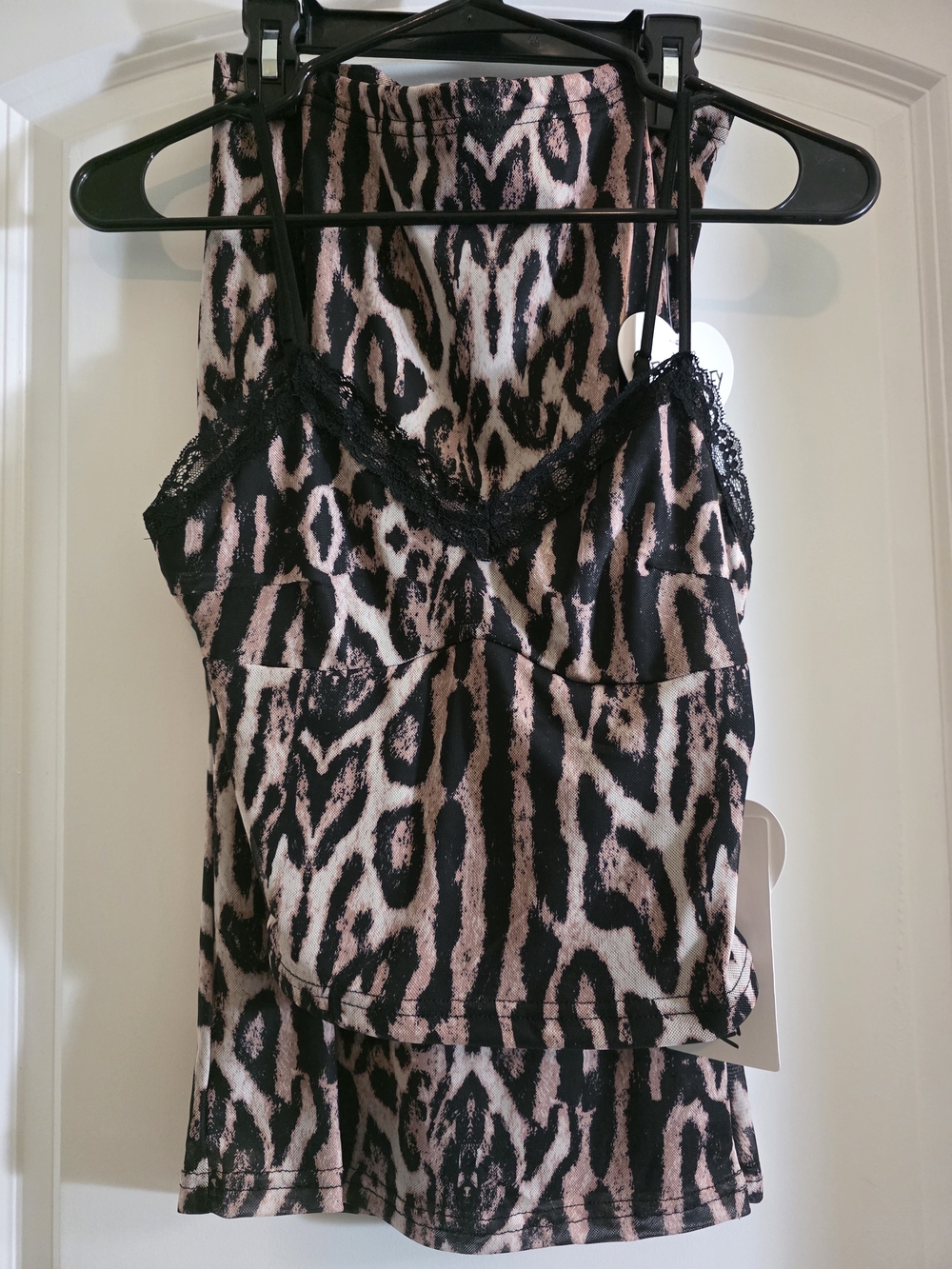 2-pc Leopard Print Lace-Trim Chemise Cami in Tan & Black